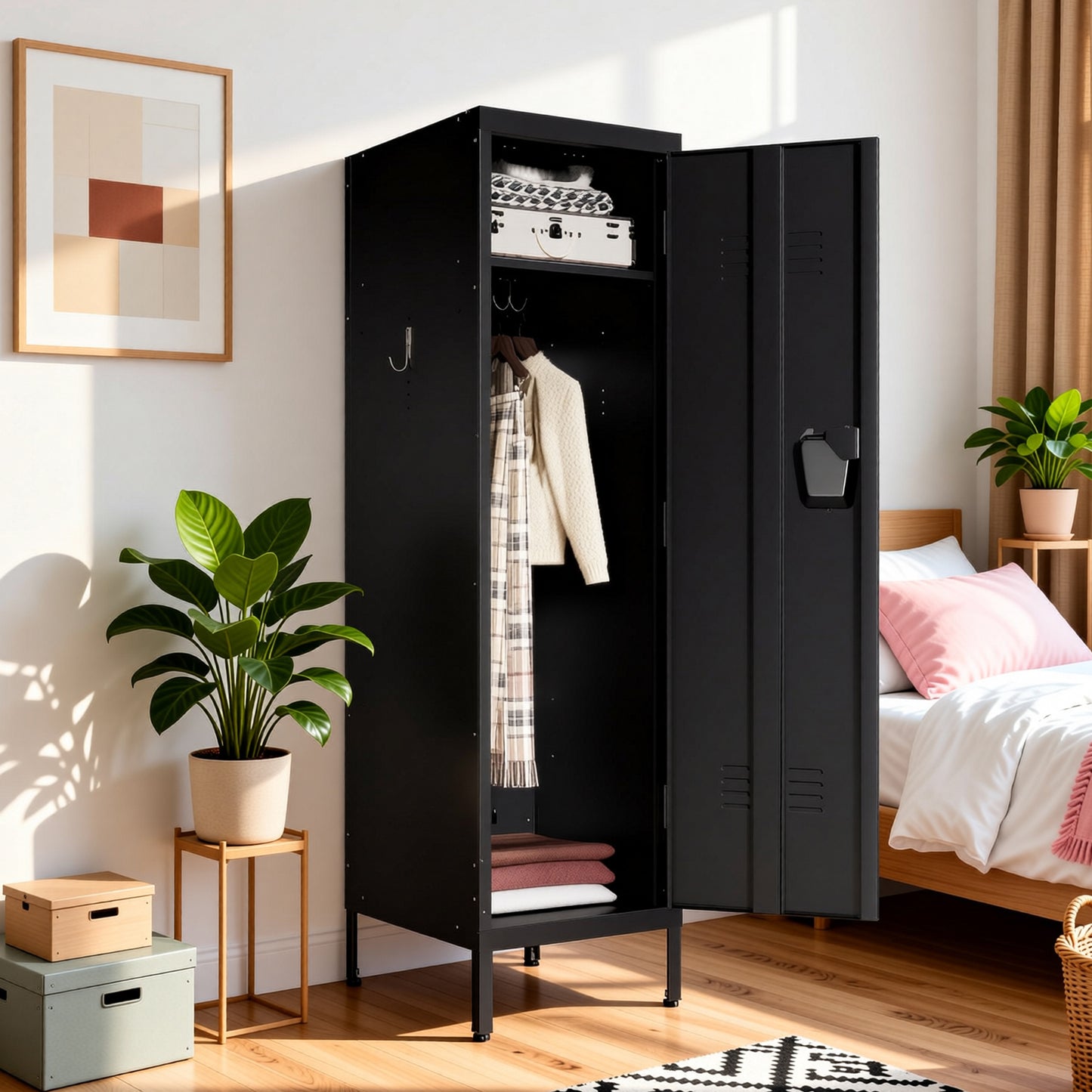 VIYET 55" Metal Wardrobe Cabinet, Narrow Steel Clothing Storage with Lock, Ventilated Door & Side Hooks, Bedroom Closet for Small Spaces, Black