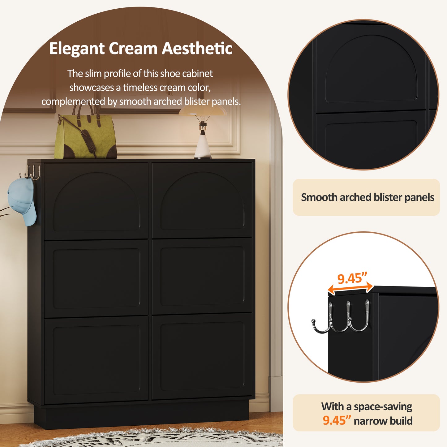 VIYET 49" 6-Flip-Drawer Narrow Shoe Cabinet, Black MDF Cream-Style Organizer w/ Adjustable Shelves & 3 Silver Hooks