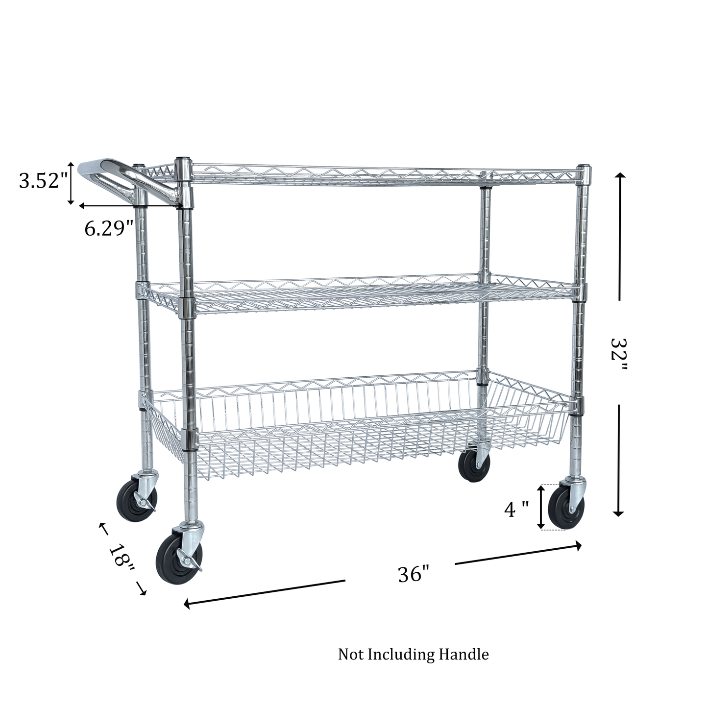 VIYET 32"H Heavy Duty 3 Tier Rolling Utility Cart, 600LBS Capacity Chrome Cart with Handle, Shelf Liners & Locking Wheels