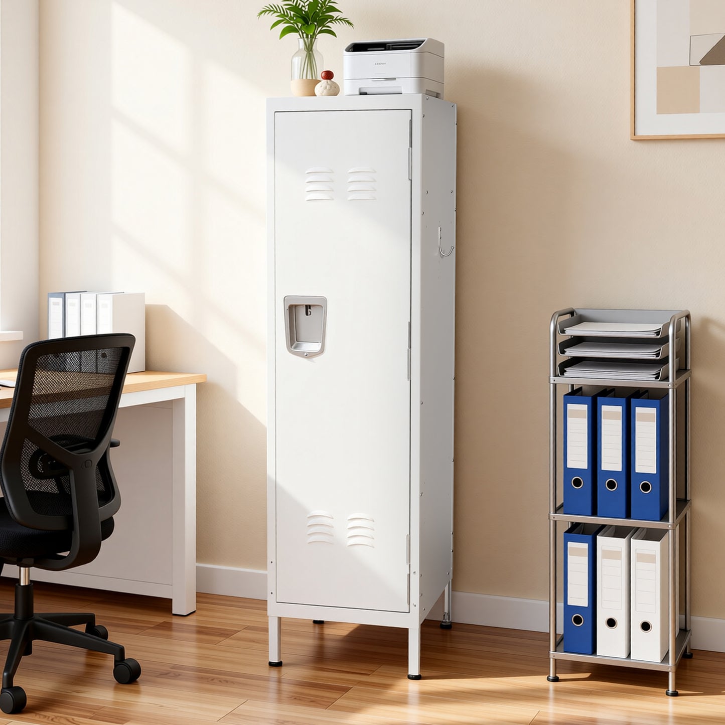 VIYET 55" White Metal Wardrobe Cabinet, Narrow Steel Clothing Storage with Lock & Ventilated Door, Side Hooks, Freestanding Closet for Bedroom & Small Apartment