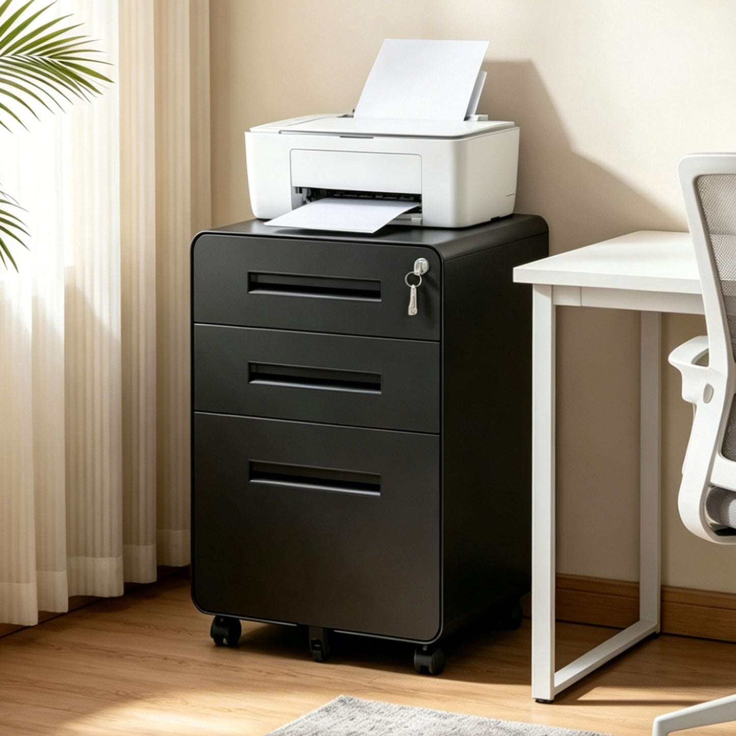 VIYET 3 Drawer Filing Cabinet with Lock, Black Rolling Metal Office Cabinet, Secure Document Storage Organizer for Letter & Legal Files