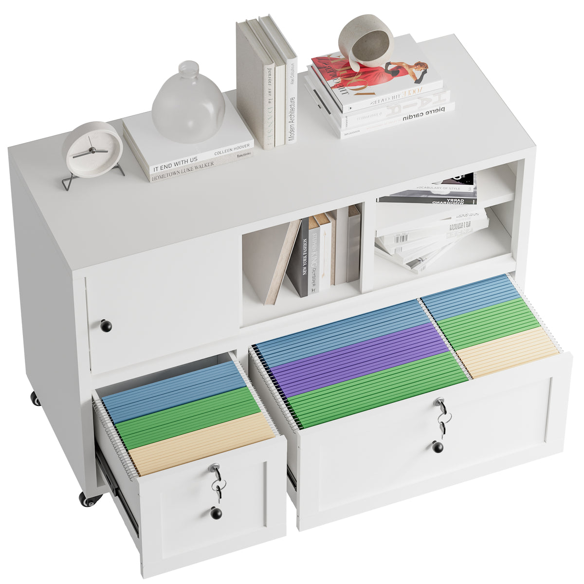 VIYET 28" White Metal 2-Drawer Lateral File Cabinet with Lock and Wheels, Rolling Office Storage for Letter, Legal & A4 Files