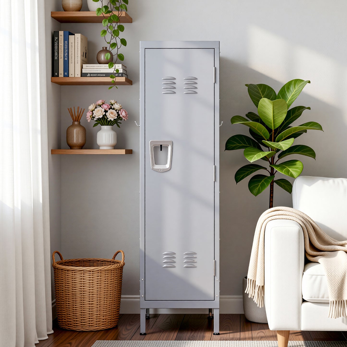 VIYET 55" Steel Wardrobe Cabinet with Lock, Slim Metal Clothing Storage Locker with Ventilated Door, Side Hooks & Anti-Tip Kit for Bedroom, Gray