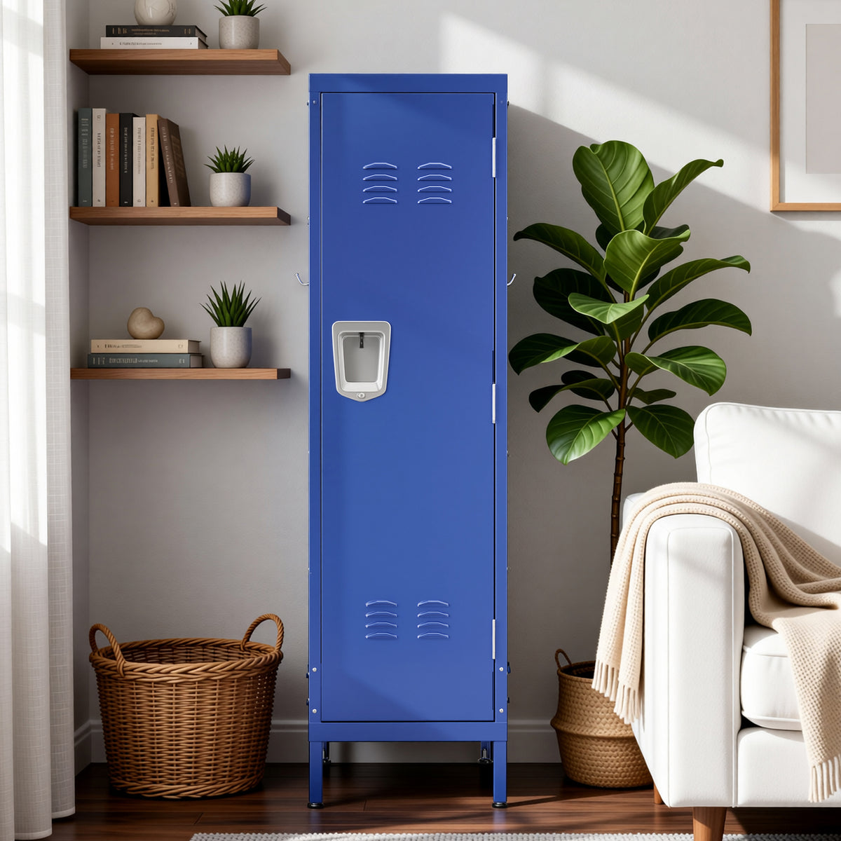 VIYET 55" Blue Metal Wardrobe Cabinet, Slim Steel Clothing Storage Locker with Lock, Ventilated Door, Side Hooks & Anti-Tip Design for Bedroom & Home Office