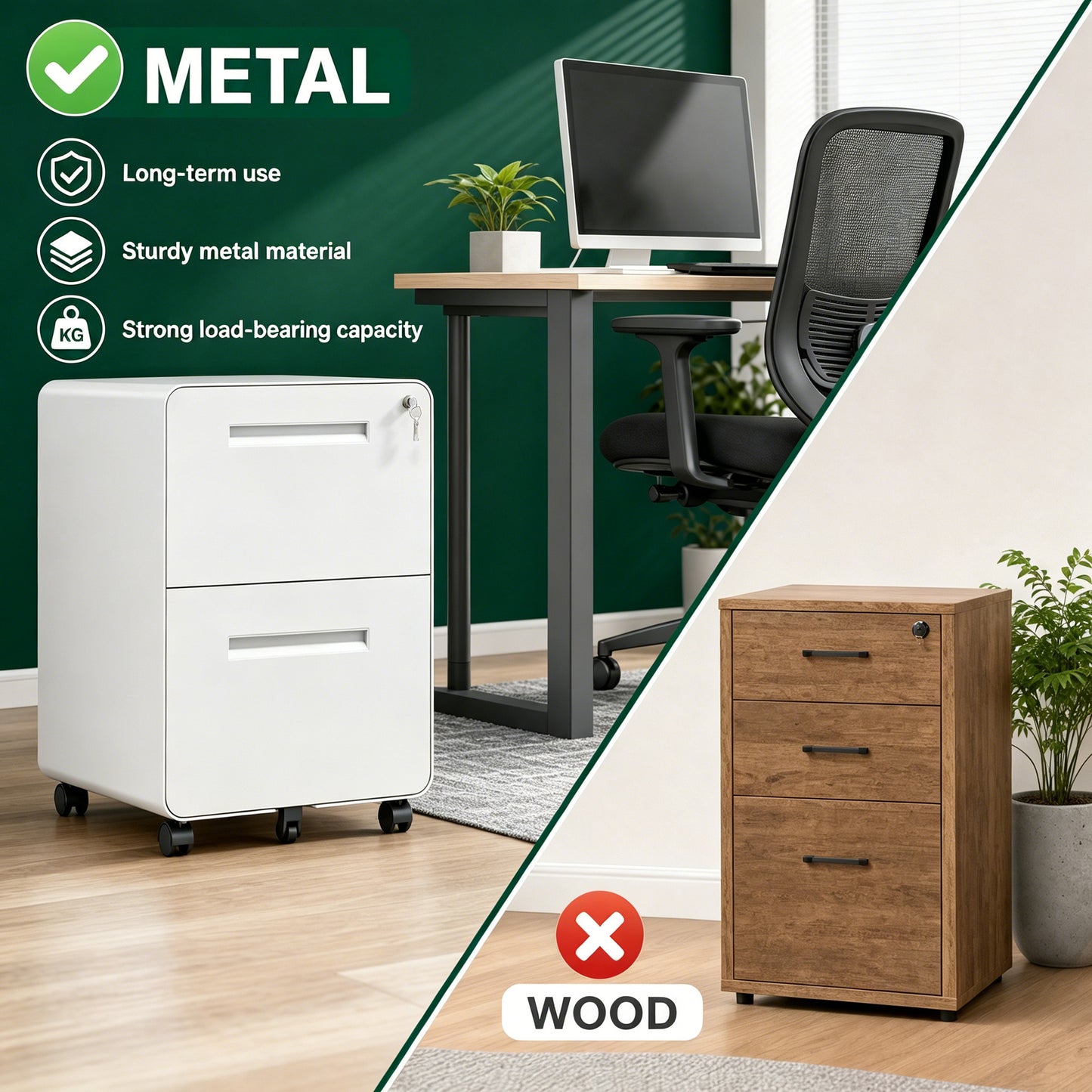 VIYET 2 Drawer Mobile File Cabinet, Metal Rolling Filing Cabinet with Lock, Fully Assembled Steel Office Storage Cabinet for Letter Legal Files, White