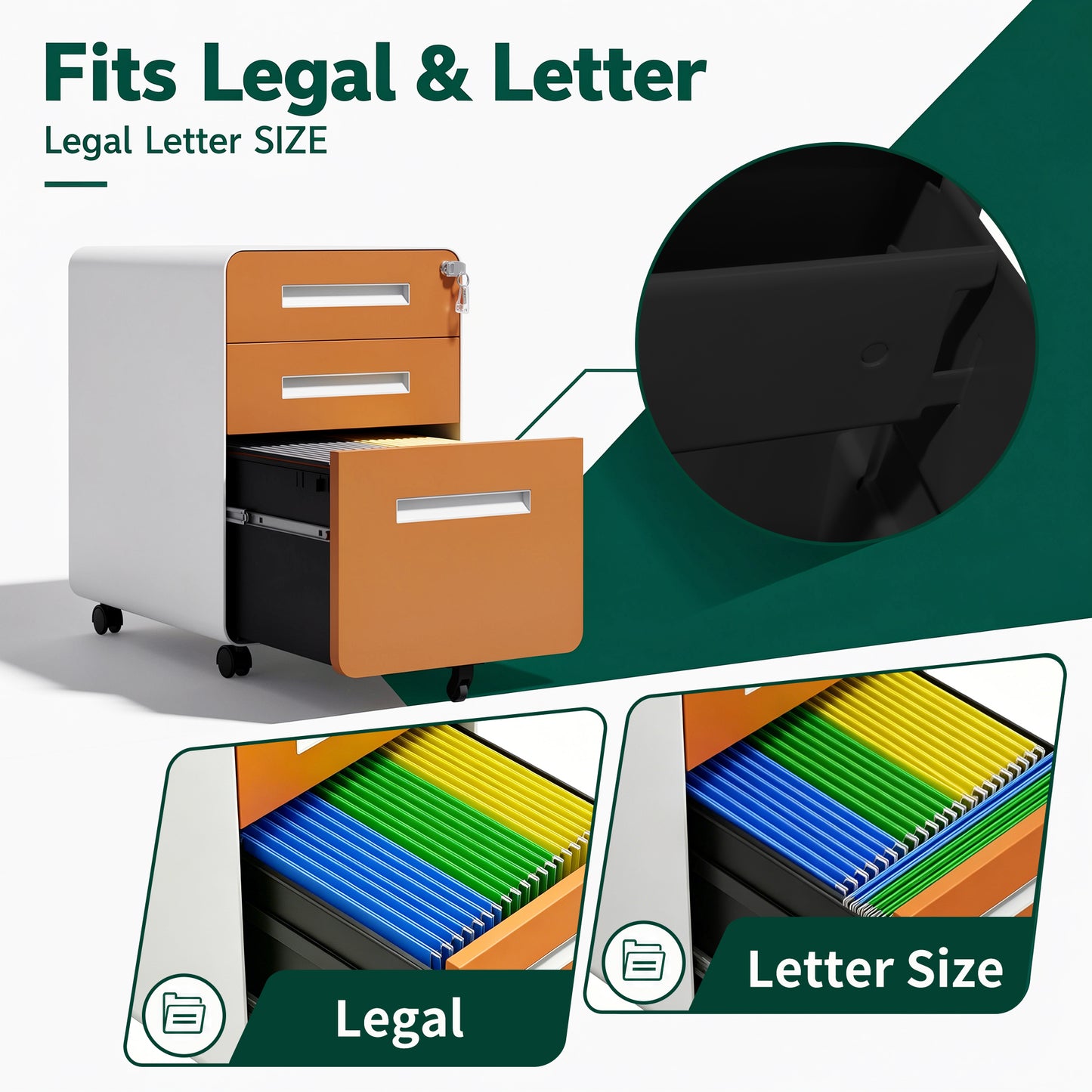 VIYET 3 Drawer Mobile File Cabinet, Rolling Metal Filing Cabinet with Lock, Steel Office Storage Cabinet on Wheels for Letter Legal Files, Home Office Organizer