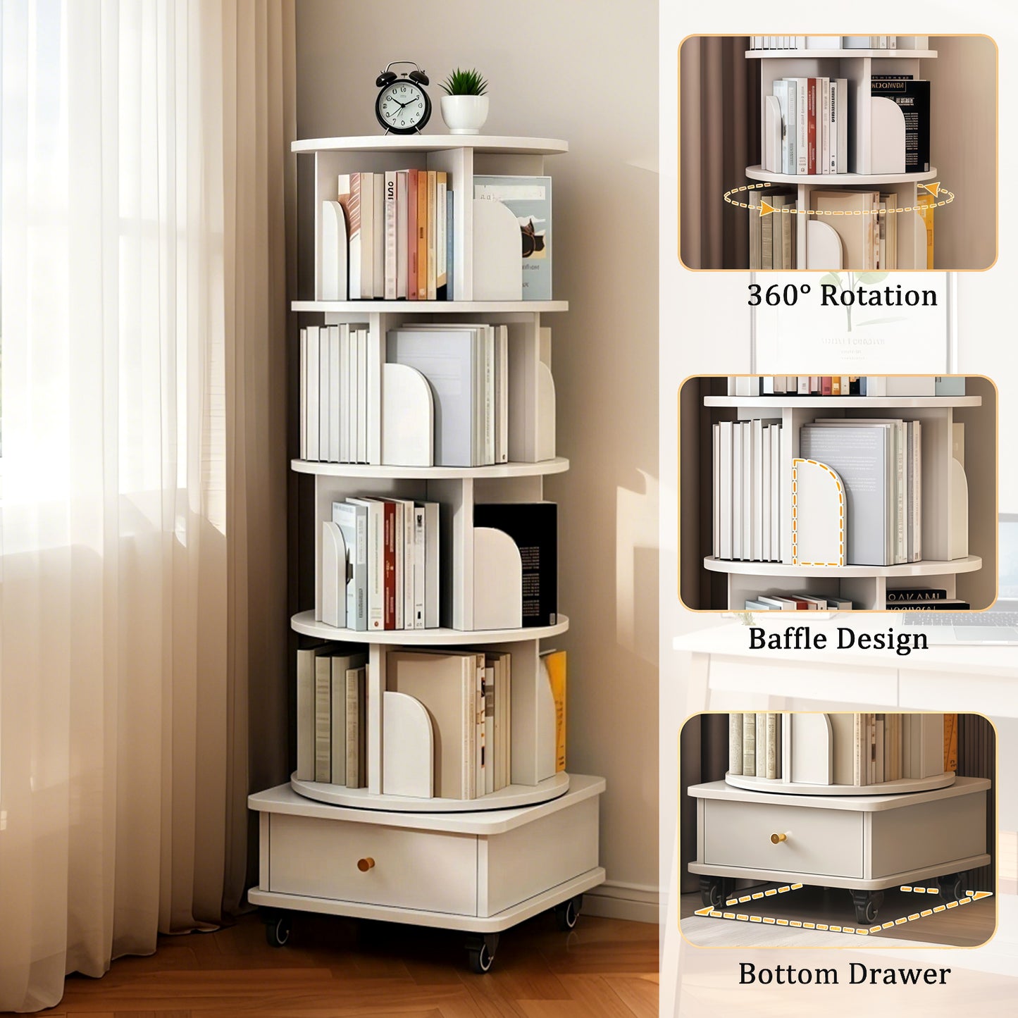 VIYET 56" 5-Tier 360° Rotating Bookshelf, Oak MDF Tower w/ Wheels&Drawer (Space-Saving Storage for Home/Office),white