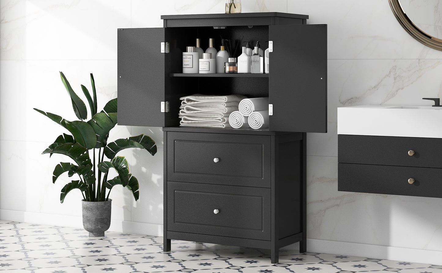 VIYET 43" 2-Door 2-Drawer Storage Cabinet, Black MDF Adjustable-Shelf Organizer, Anti-Tipping Waterproof Multi-Scene Cabinet