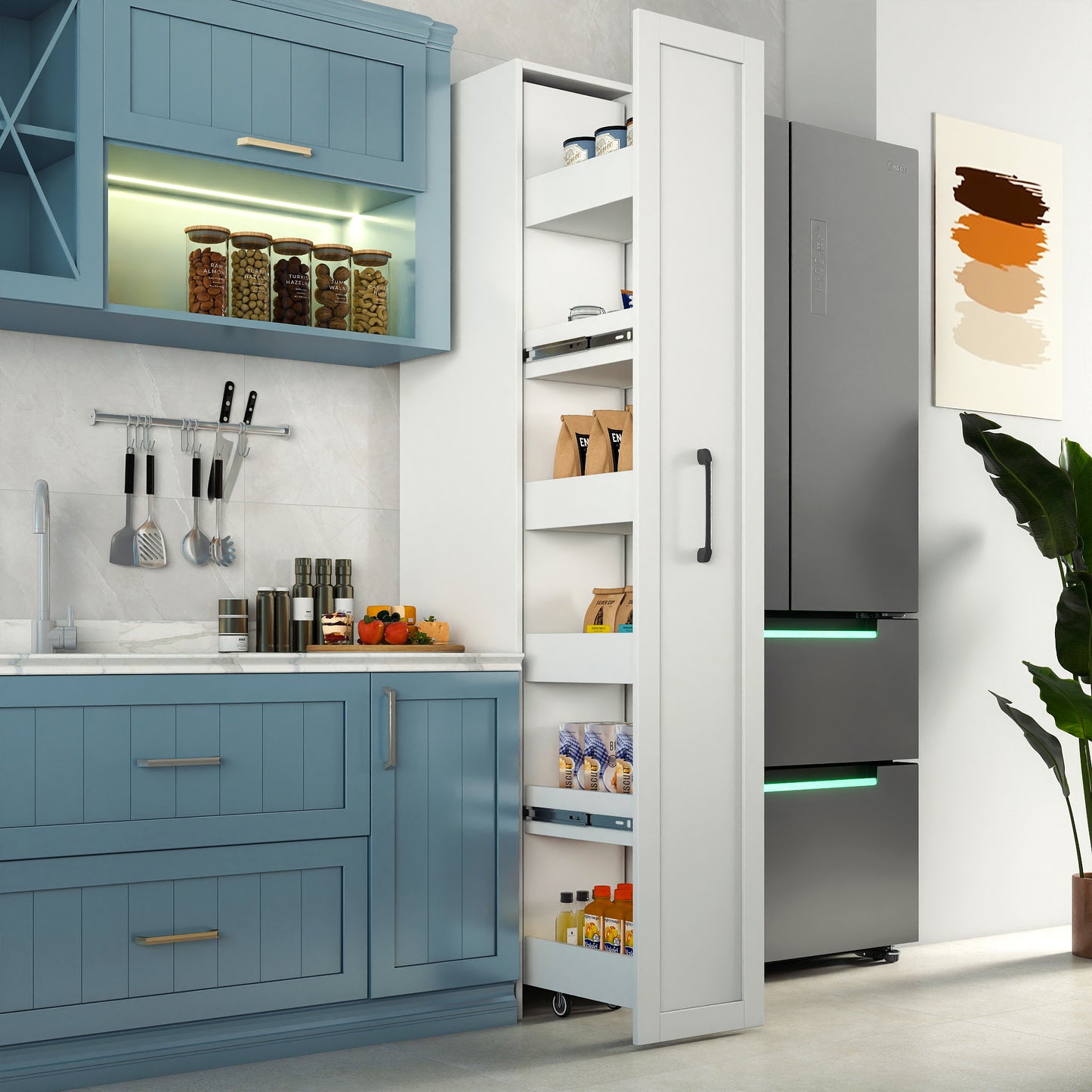 VIYET 71" Slim Rolling Storage Cart, White Wood Narrow Kitchen Organizer (6-Tier Shelf with Handle & Wheels for Small Spaces)