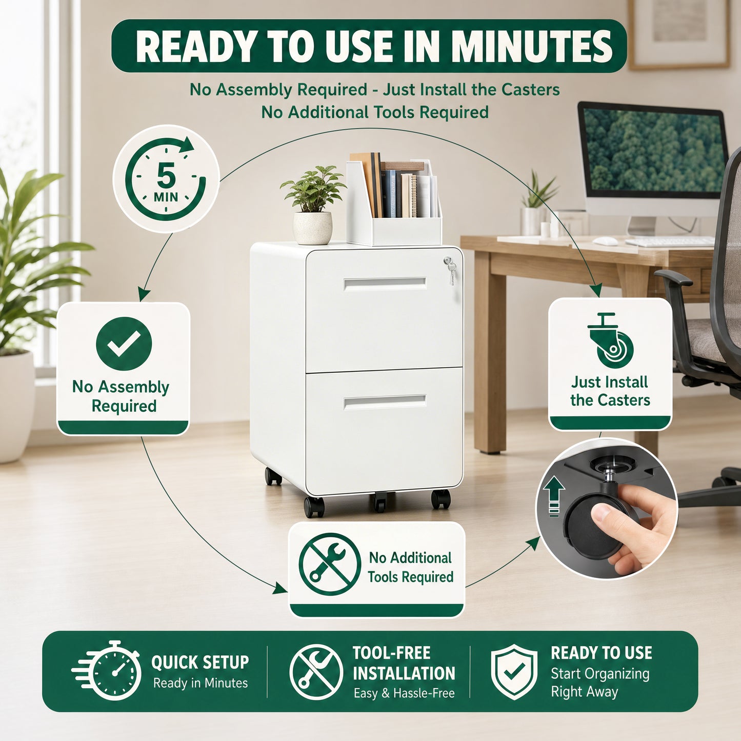 VIYET 2 Drawer Mobile File Cabinet, Metal Rolling Filing Cabinet with Lock, Fully Assembled Steel Office Storage Cabinet for Letter Legal Files, White