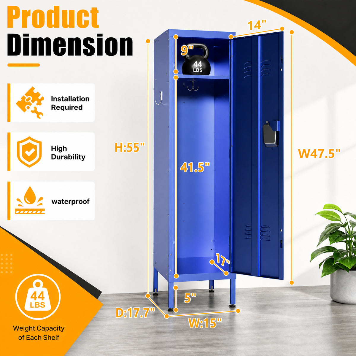 VIYET 55" Blue Metal Wardrobe Cabinet, Slim Steel Clothing Storage Locker with Lock, Ventilated Door, Side Hooks & Anti-Tip Design for Bedroom & Home Office