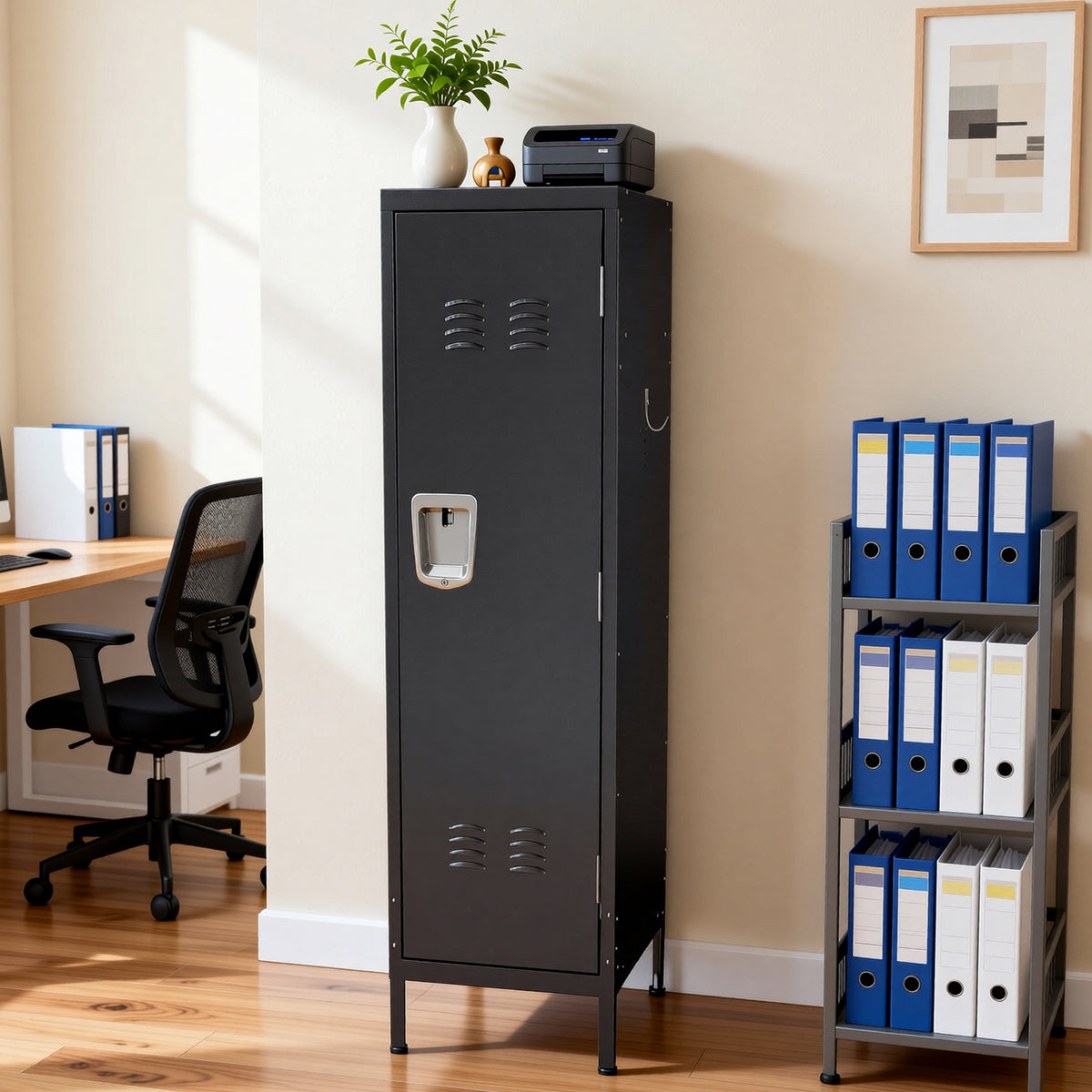 VIYET 55" Metal Wardrobe Cabinet, Narrow Steel Clothing Storage with Lock, Ventilated Door & Side Hooks, Bedroom Closet for Small Spaces, Black