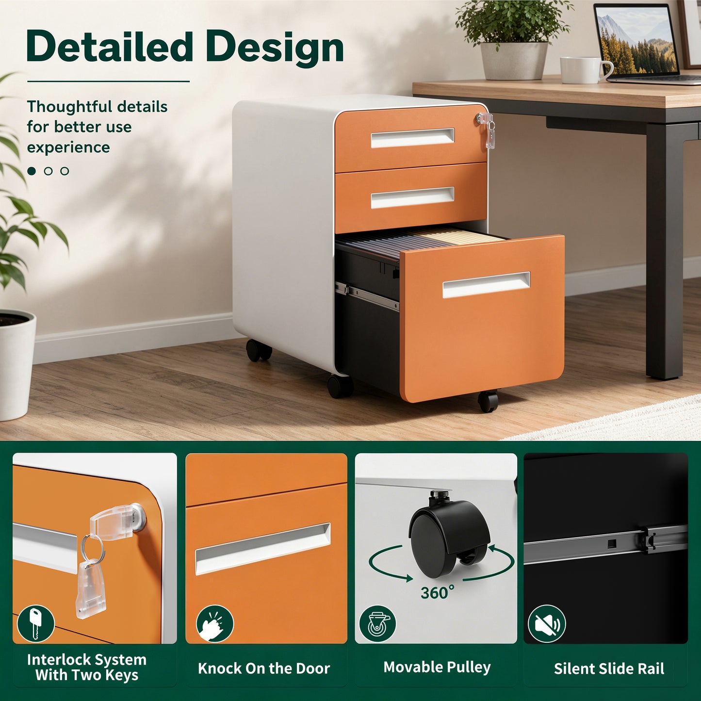 VIYET 3 Drawer Mobile File Cabinet, Rolling Metal Filing Cabinet with Lock, Steel Office Storage Cabinet on Wheels for Letter Legal Files, Home Office Organizer