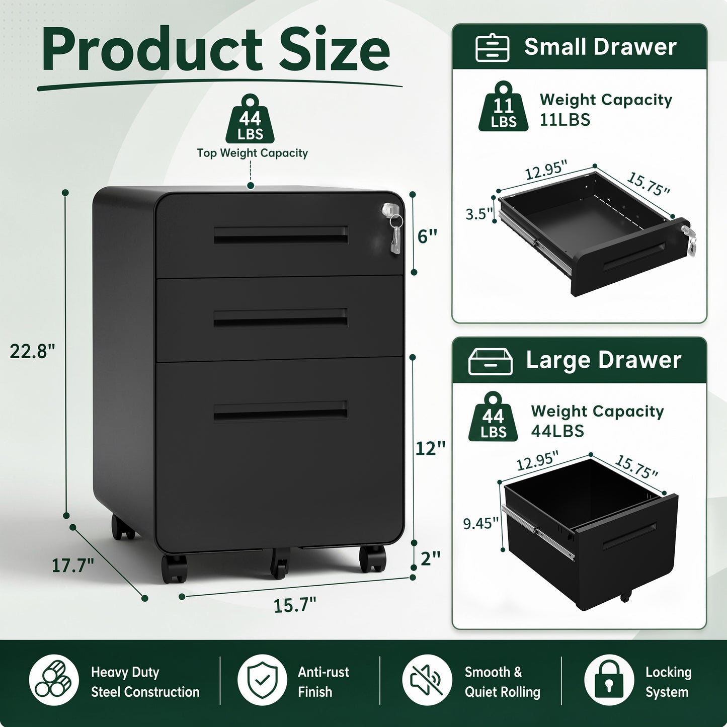 VIYET 3 Drawer Filing Cabinet with Lock, Black Rolling Metal Office Cabinet, Secure Document Storage Organizer for Letter & Legal Files