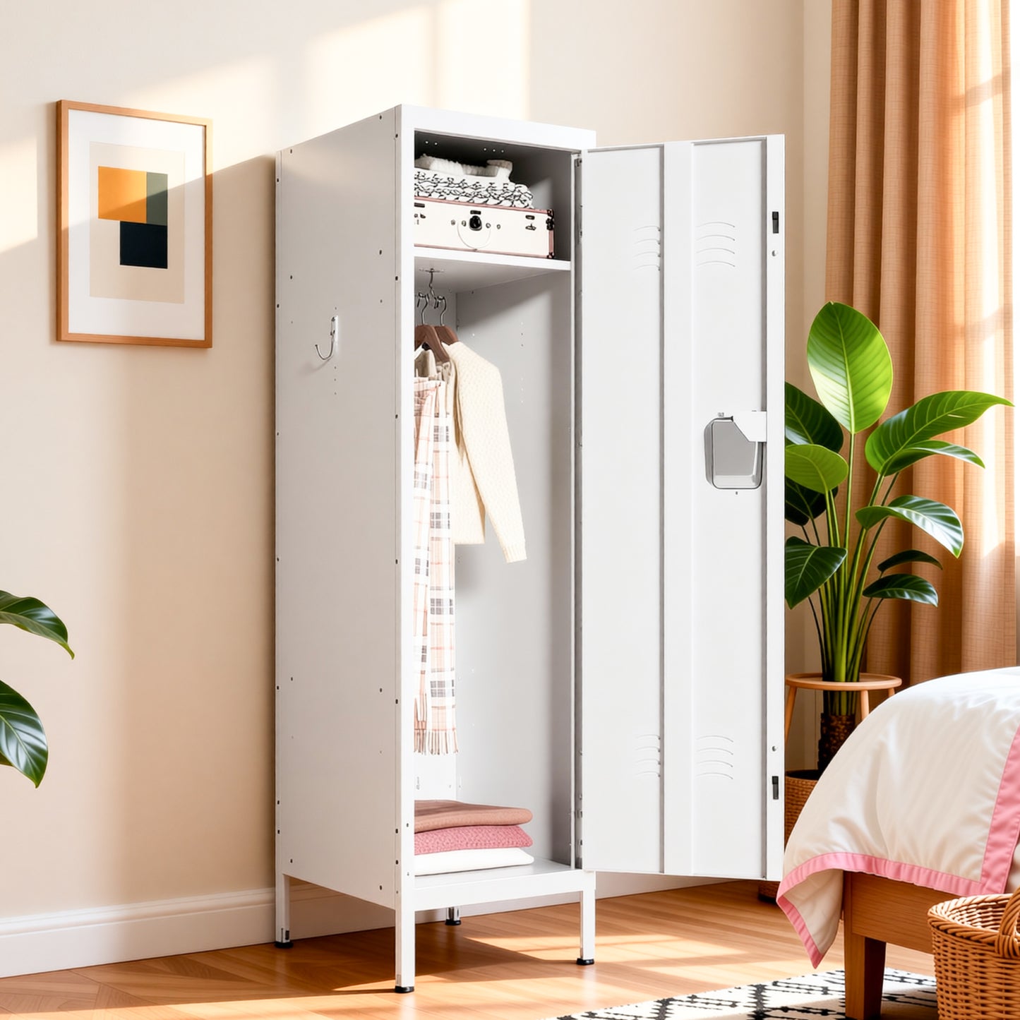 VIYET 55" White Metal Wardrobe Cabinet, Narrow Steel Clothing Storage with Lock & Ventilated Door, Side Hooks, Freestanding Closet for Bedroom & Small Apartment