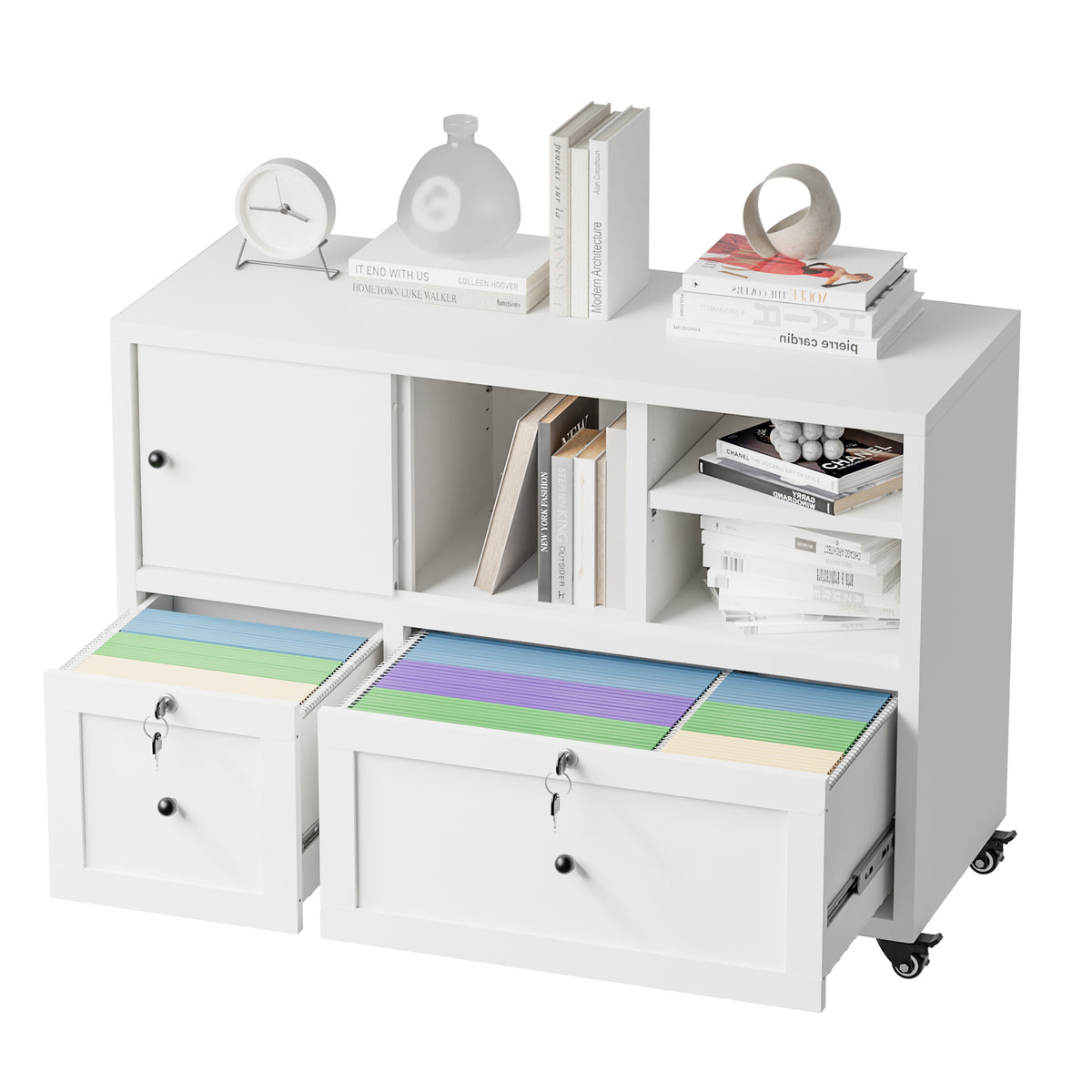 VIYET 28" White Metal 2-Drawer Lateral File Cabinet with Lock and Wheels, Rolling Office Storage for Letter, Legal & A4 Files