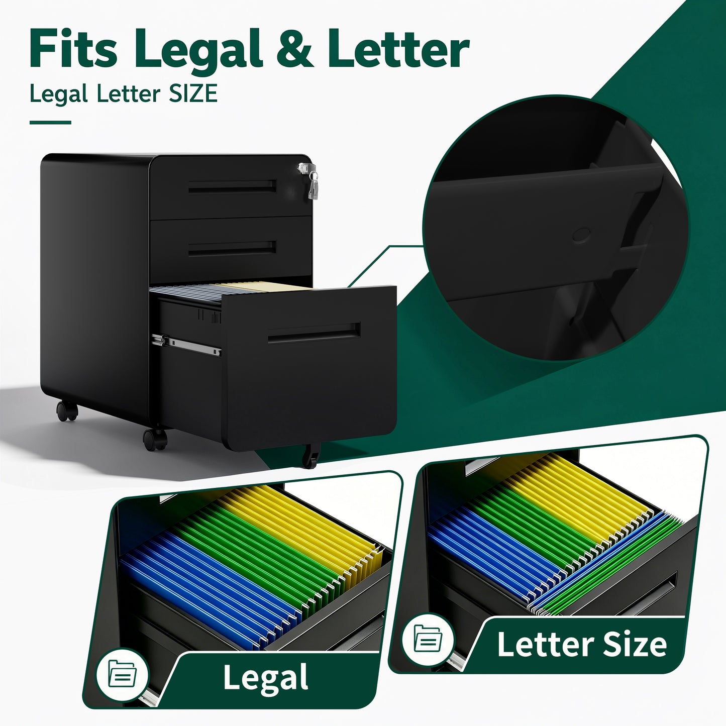 VIYET 3 Drawer Filing Cabinet with Lock, Black Rolling Metal Office Cabinet, Secure Document Storage Organizer for Letter & Legal Files