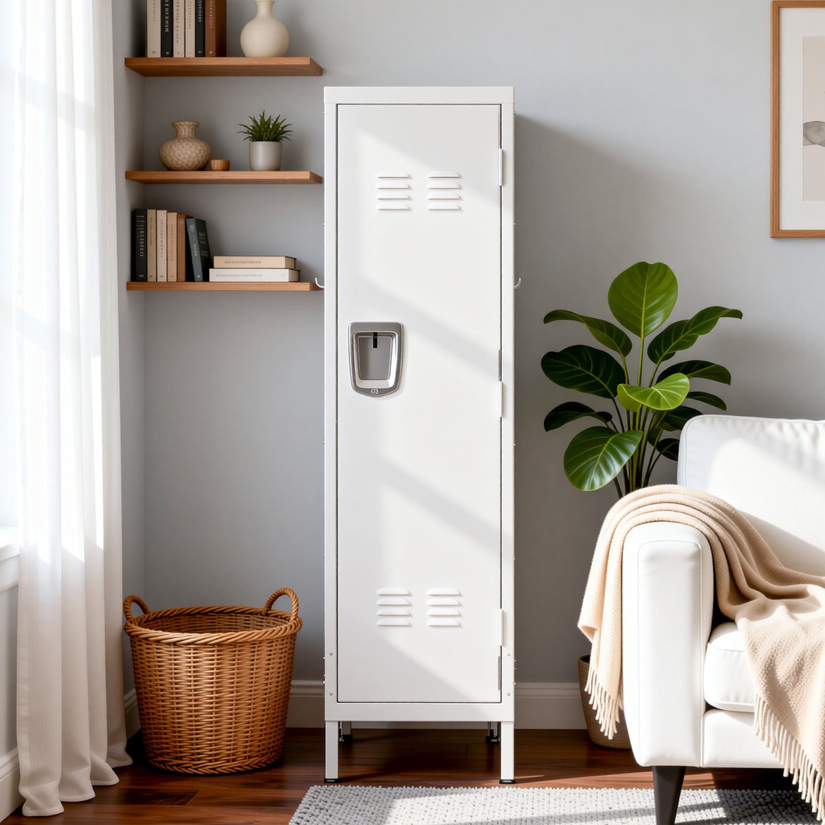 VIYET 55" White Metal Wardrobe Cabinet, Narrow Steel Clothing Storage with Lock & Ventilated Door, Side Hooks, Freestanding Closet for Bedroom & Small Apartment