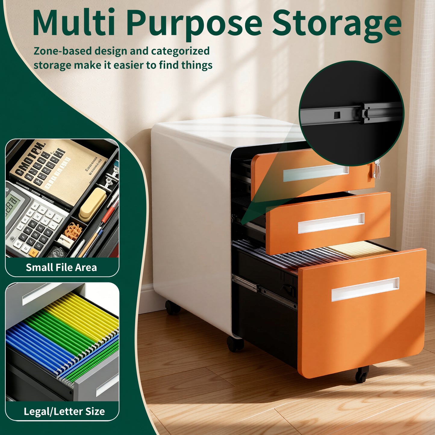VIYET 3 Drawer Mobile File Cabinet, Rolling Metal Filing Cabinet with Lock, Steel Office Storage Cabinet on Wheels for Letter Legal Files, Home Office Organizer