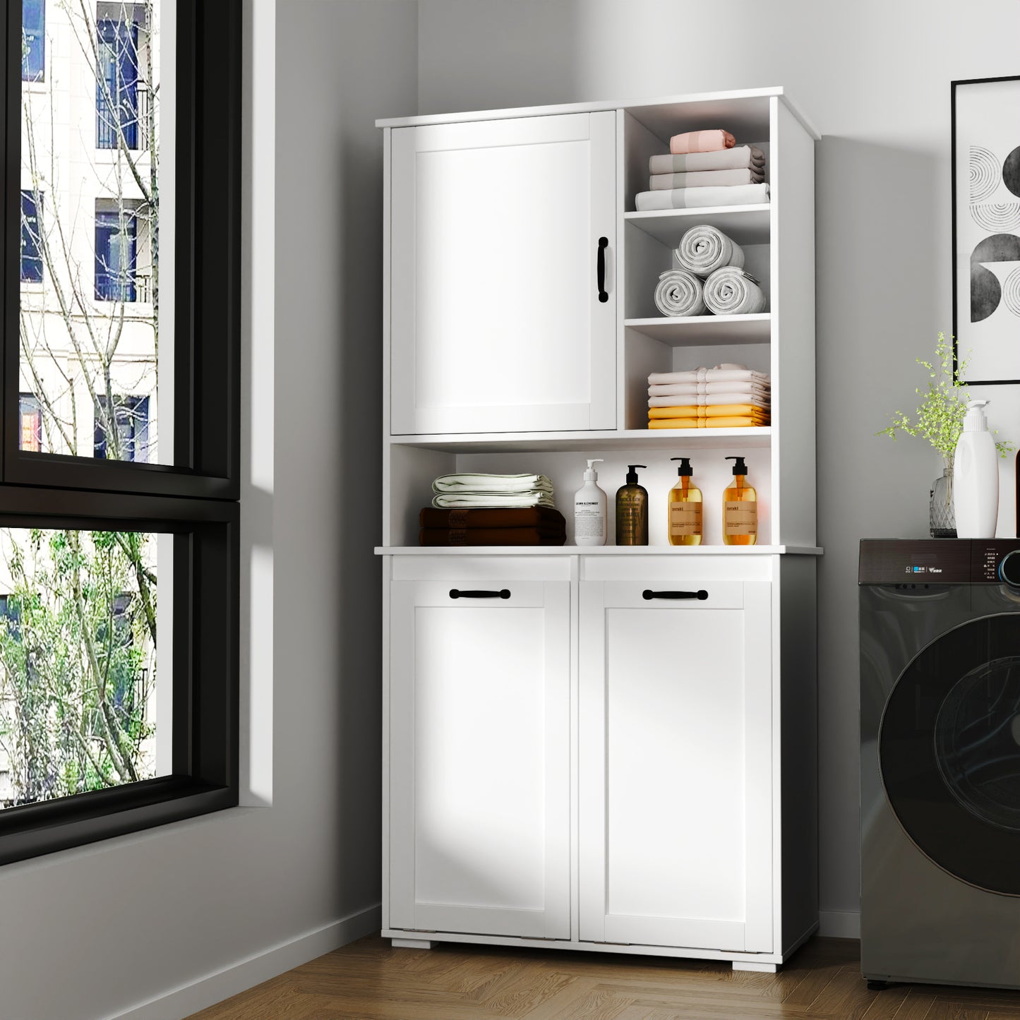 VIYET 63" White Freestanding Laundry Cabinet-Particle Board+MDF, Tilt-Out Hamper, Adjustable Shelves & Multiple Storage