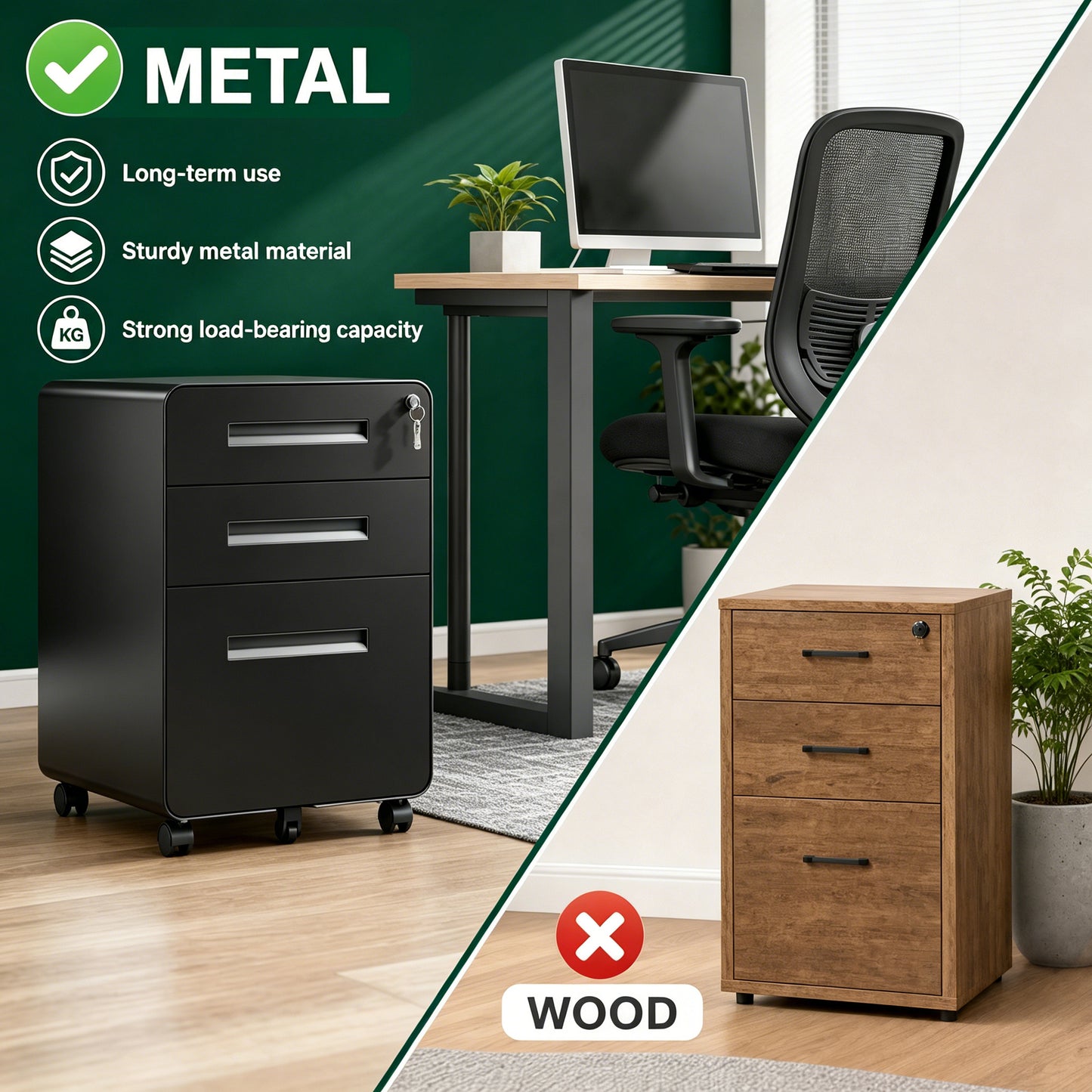 VIYET 3 Drawer Filing Cabinet with Lock, Black Rolling Metal Office Cabinet, Secure Document Storage Organizer for Letter & Legal Files