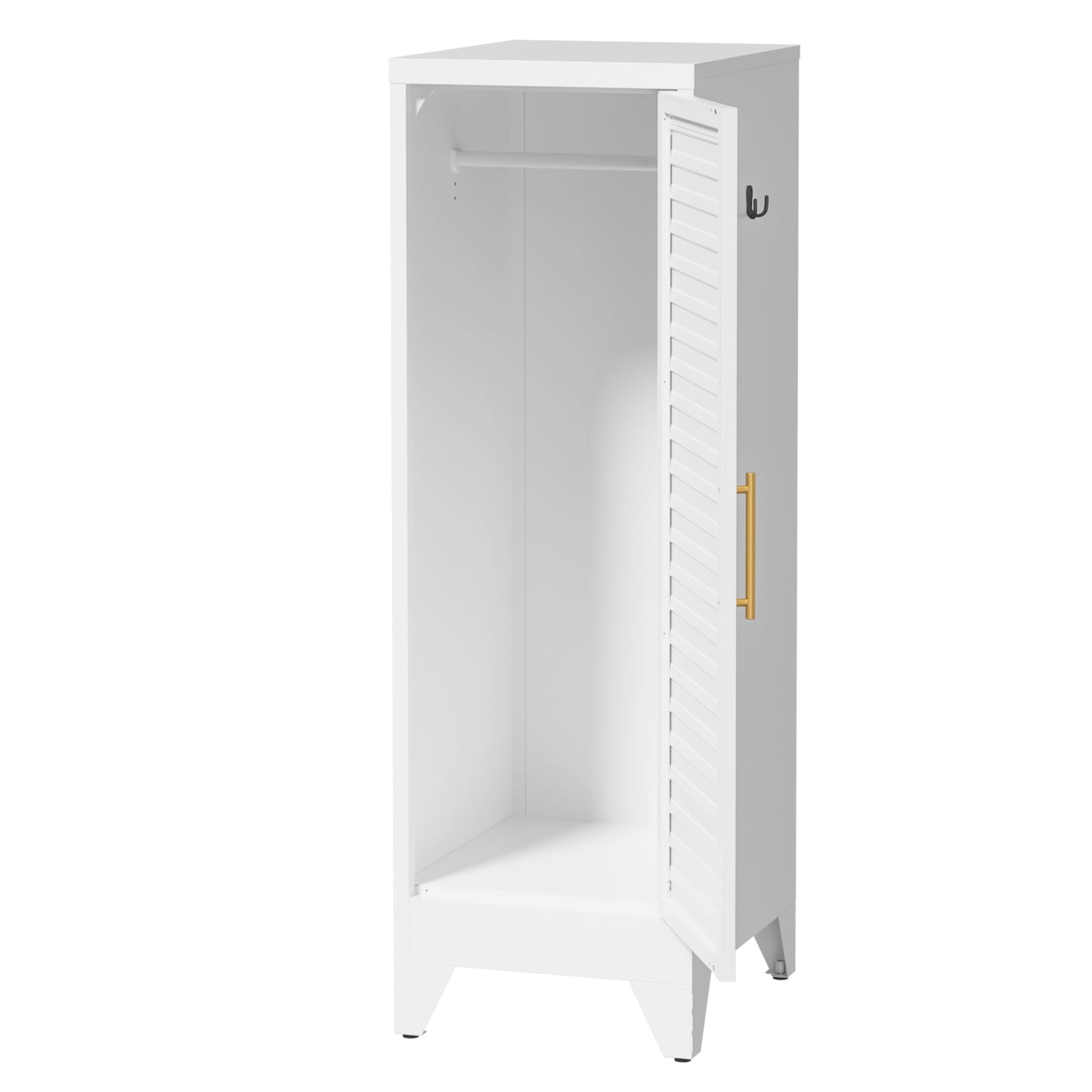 VIYET 47.2" Narrow Metal Wardrobe Closet, Slim Storage Cabinet with Louvered Door and Hanging Rail, Freestanding Clothes Organizer for Bedroom, Apartment, Dorm, White