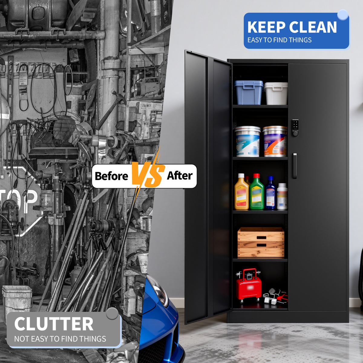 VIYET 72" Metal Storage Cabinet with Keypad Lock, Double Door Steel Garage Cabinet, 4 Adjustable Shelves, 150 lbs per Shelf