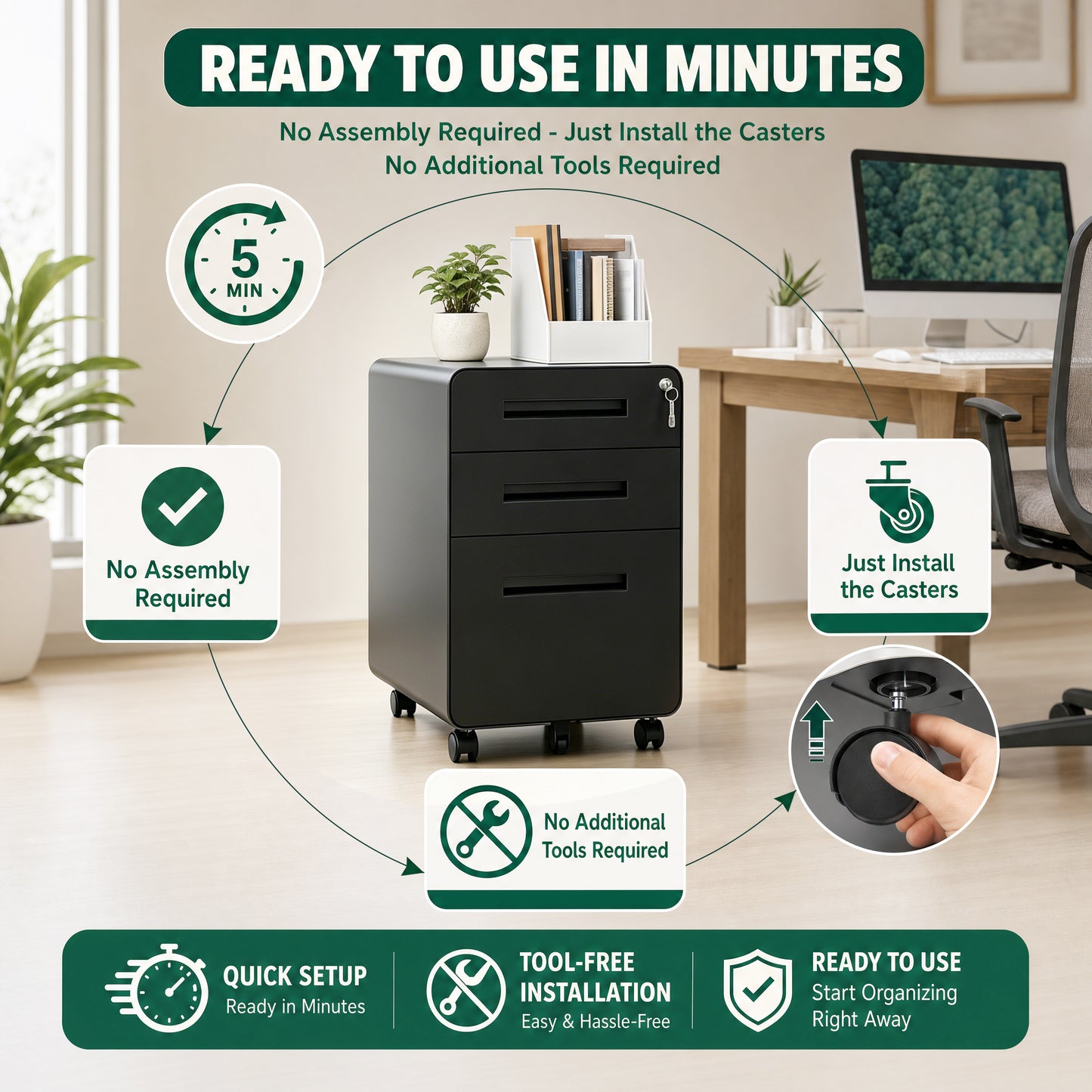 VIYET 3 Drawer Filing Cabinet with Lock, Black Rolling Metal Office Cabinet, Secure Document Storage Organizer for Letter & Legal Files