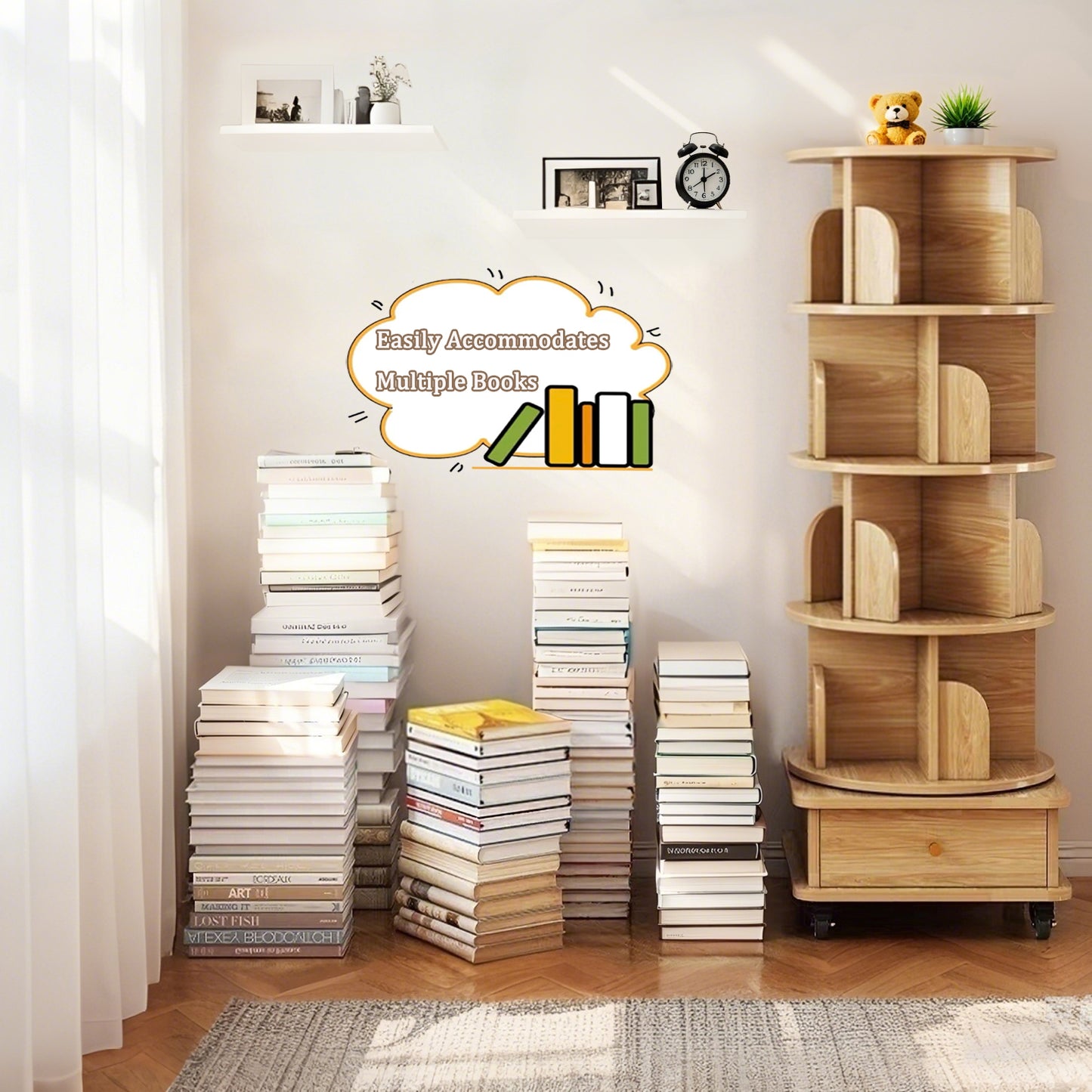 VIYET 56" 5-Tier 360° Rotating Bookshelf, Oak MDF Tower w/ Wheels & Drawer (Space-Saving Storage for Home/Office)