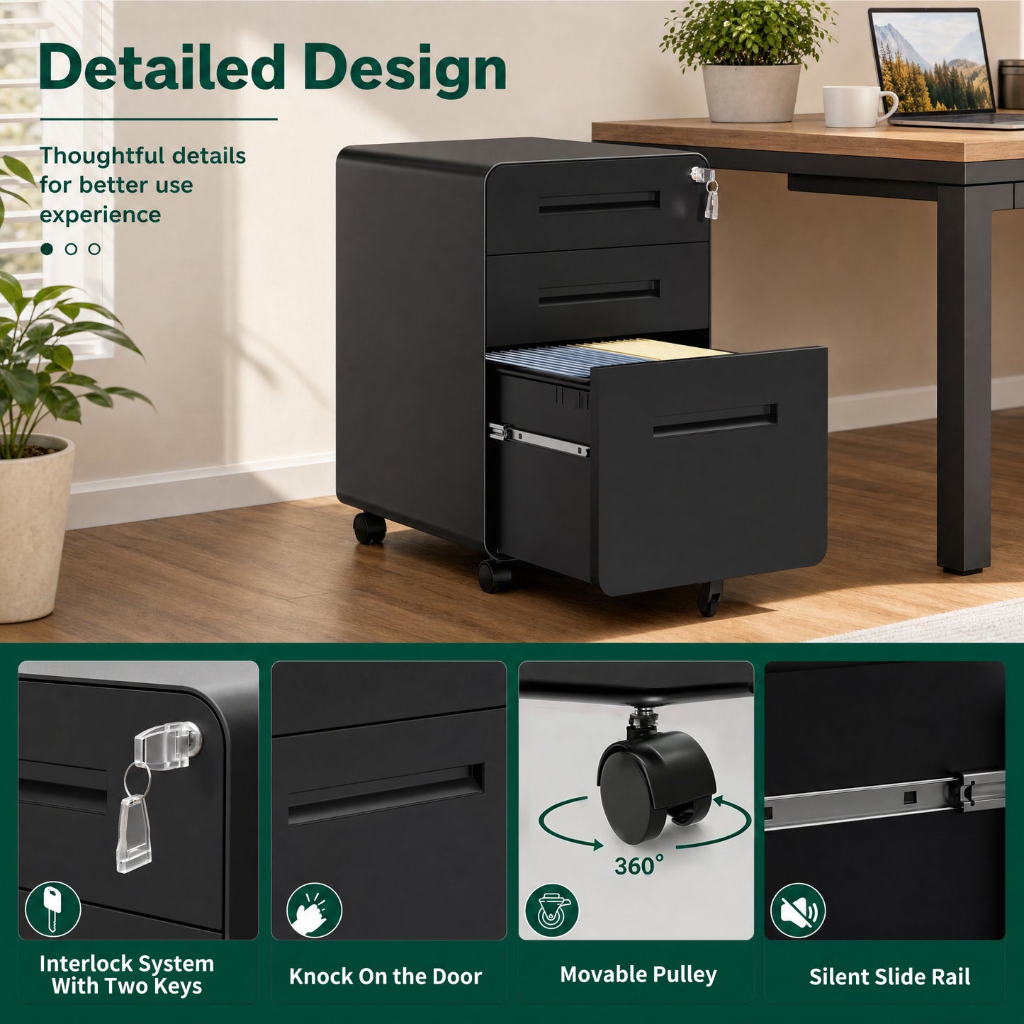 VIYET 3 Drawer Filing Cabinet with Lock, Black Rolling Metal Office Cabinet, Secure Document Storage Organizer for Letter & Legal Files