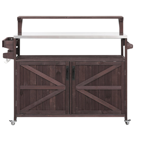 VIYET 43" K&K Outdoor Kitchen Island, Brown Solid Wood Grill Cart w/ Stainless Steel Top (Raised Shelf+Adjustable Storage Rack)