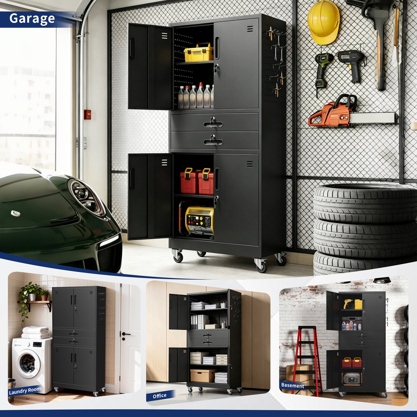 VIYET 71" Metal Garage Storage Cabinet with Drawers, Locking Doors, Pegboard, Wheels & Adjustable Shelves for Workshop Utility Room