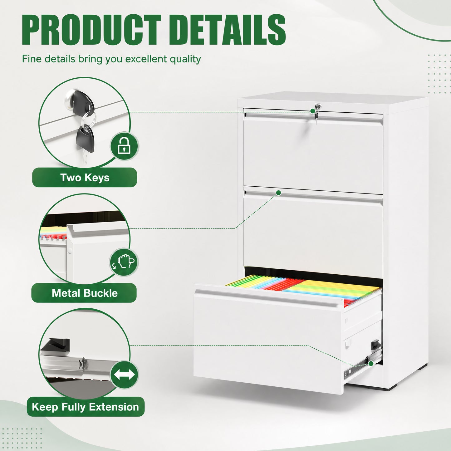 VIYET 3 Drawer Lateral File Cabinet with Lock, White Metal Filing Cabinet for Home Office, Fits Letter, Legal, A4 & F4 Hanging Files