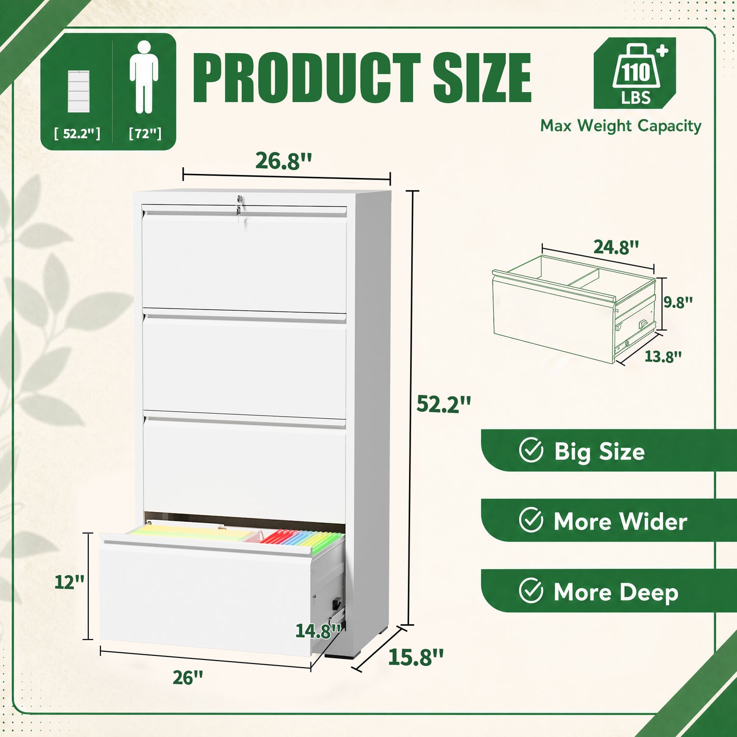 VIYET 4 Drawer Lateral File Cabinet with Lock, White Metal Filing Cabinet for Home Office, Fits Letter, Legal, A4 & F4 Hanging Files