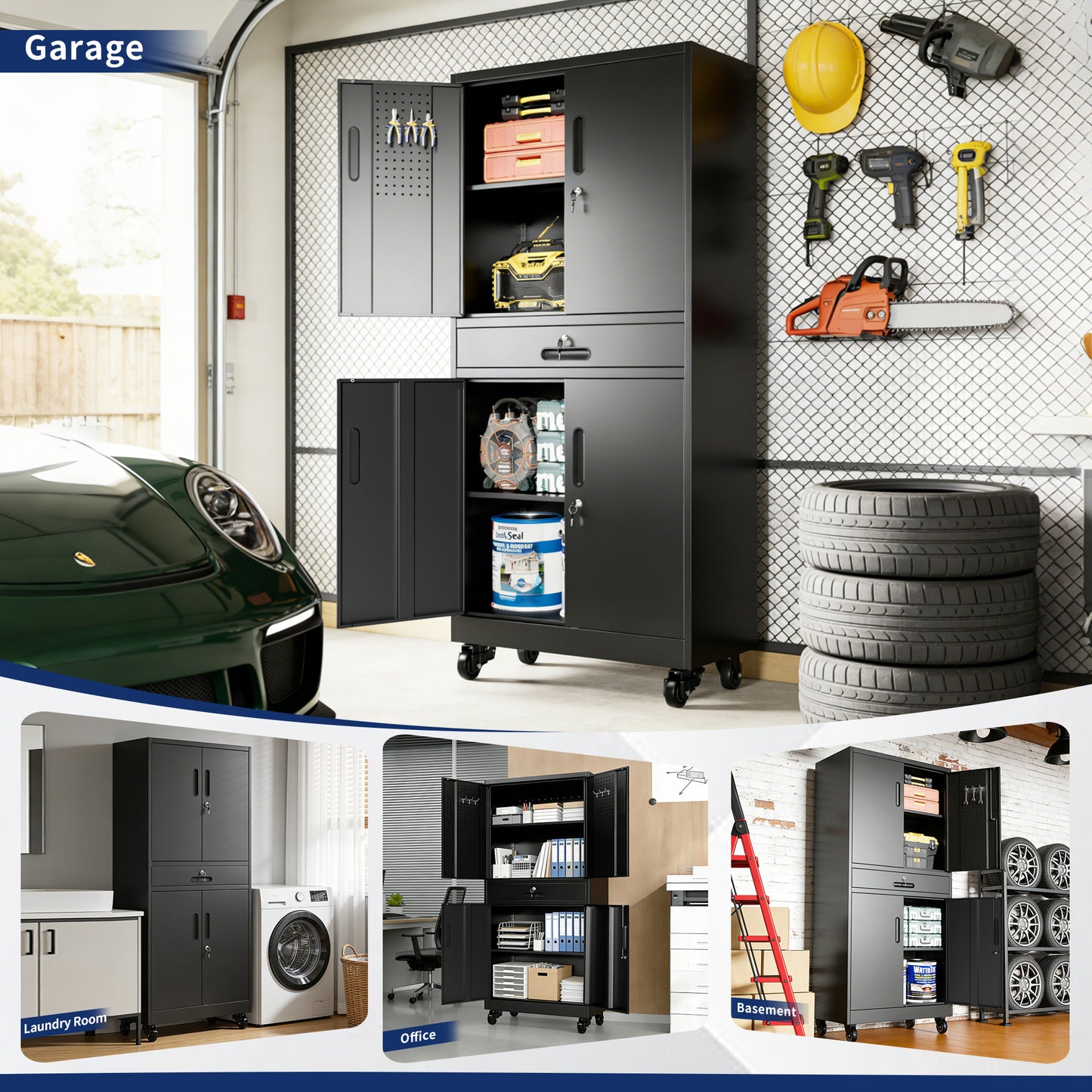 VIYET 71" Metal Garage Storage Cabinet with Drawer, Lockable Doors, Adjustable Shelves, Pegboard & Rolling Wheels for Home Office Utility