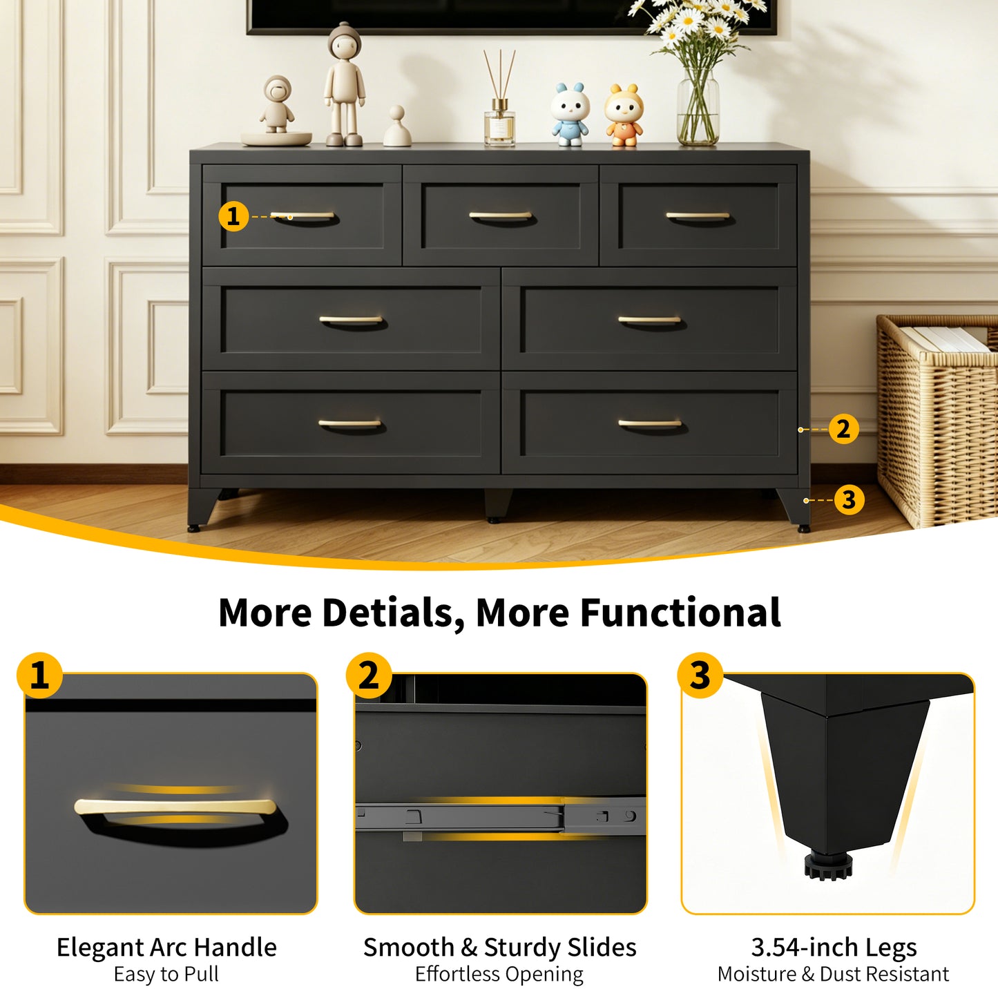 VIYET 7-Drawer Black Dresser, Wide Low-Profile Bedroom Storage Chest with Smooth-Glide Drawers