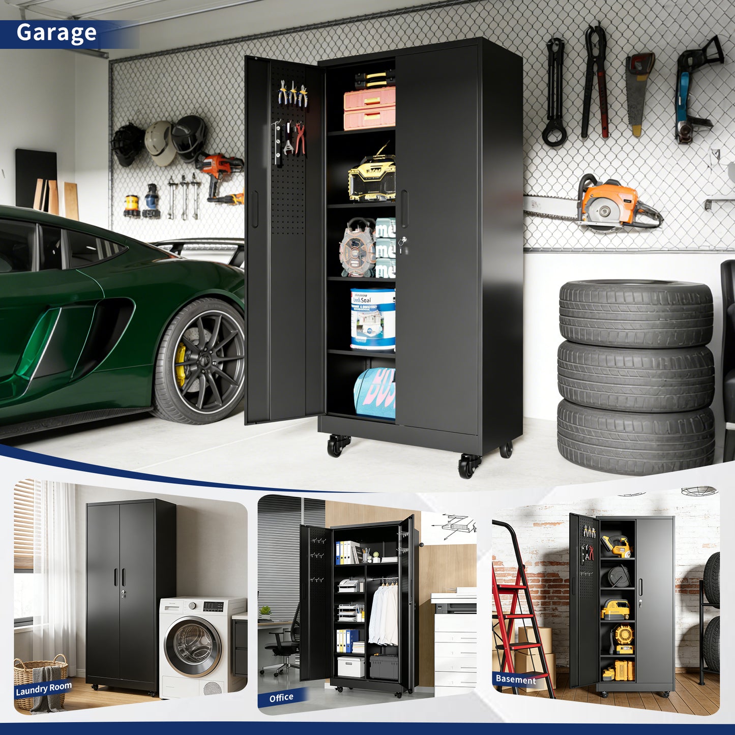 VIYET 71" Rolling Metal Storage Locker with Lockable Doors, Freestanding Steel Wardrobe Cabinet for Home Office School Gym