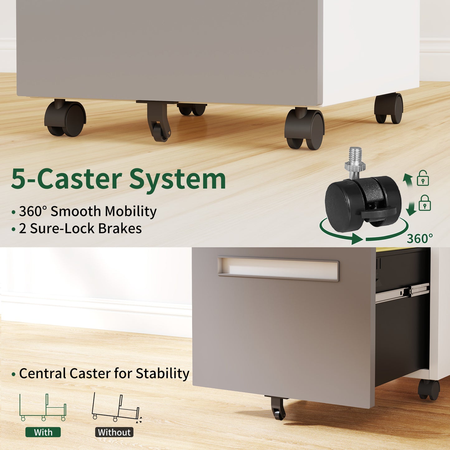 VIYET 18H" 2-Drawer Mobile File Cabinet,All-Steel Lockable Storage on 360°Wheels,Fully Assembled for Home/Commercial Office (Holds A4/Letter/Legal,White)