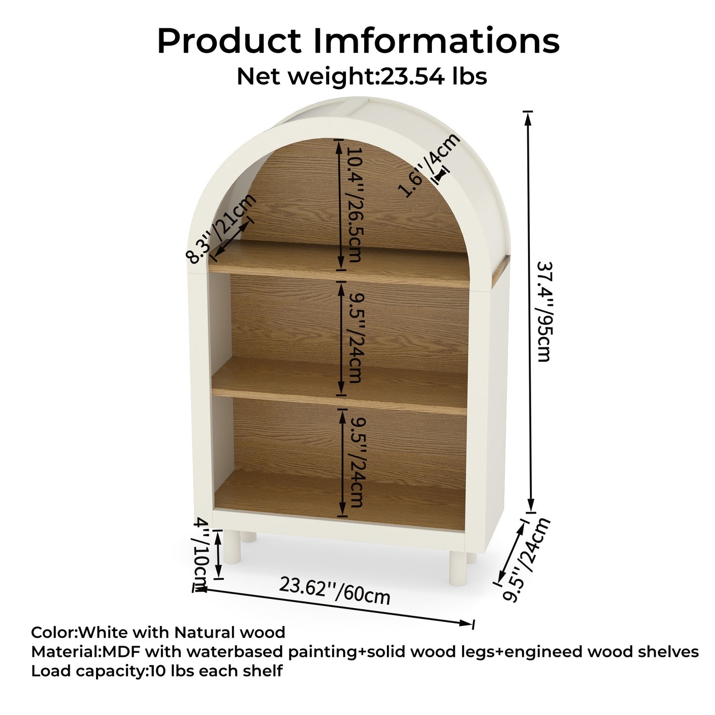 VIYET 3-Tier Arched Top Small Bookcase, White & Oak Woodgrain Modern Storage Cabinet, Engineered Wood Open Shelf for Living Room Bedroom Entryway