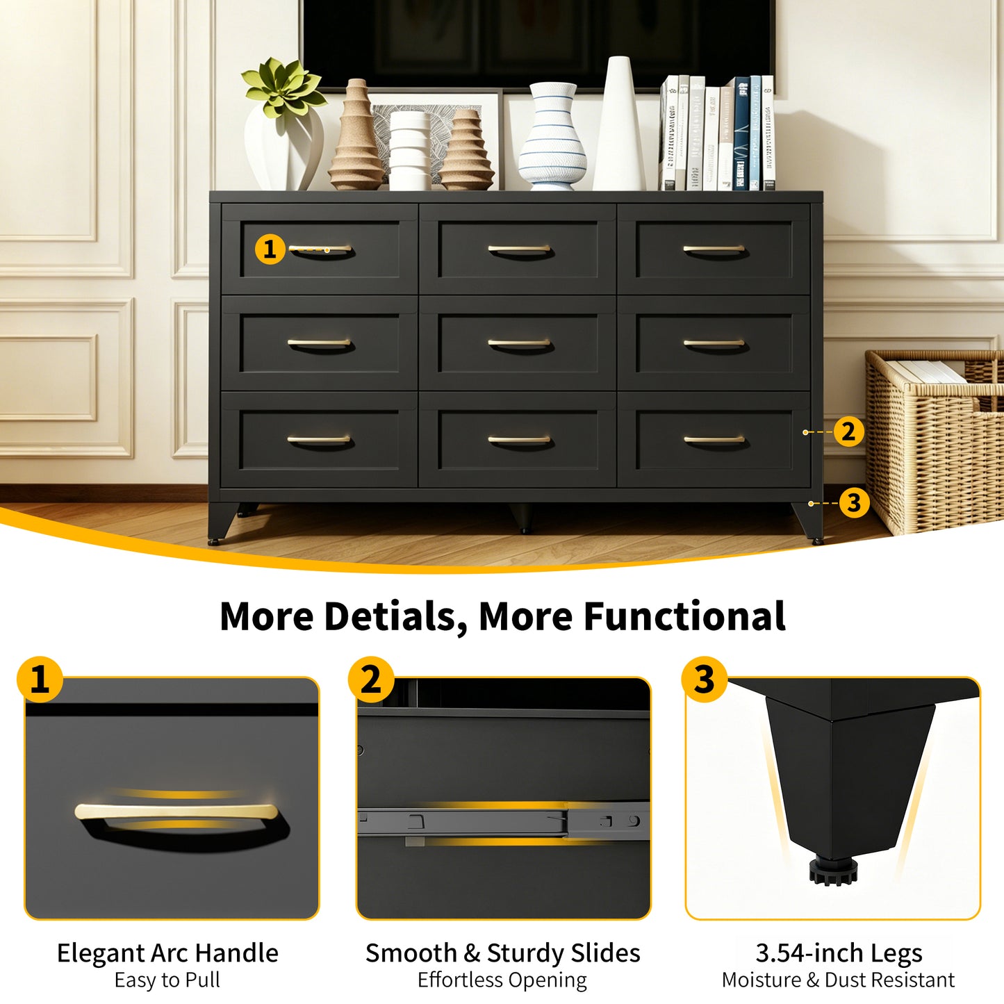 VIYET 9-Drawer Black Dresser for Bedroom, 52" Wide Low-Profile Chest of Drawers with Smooth-Glide Storage