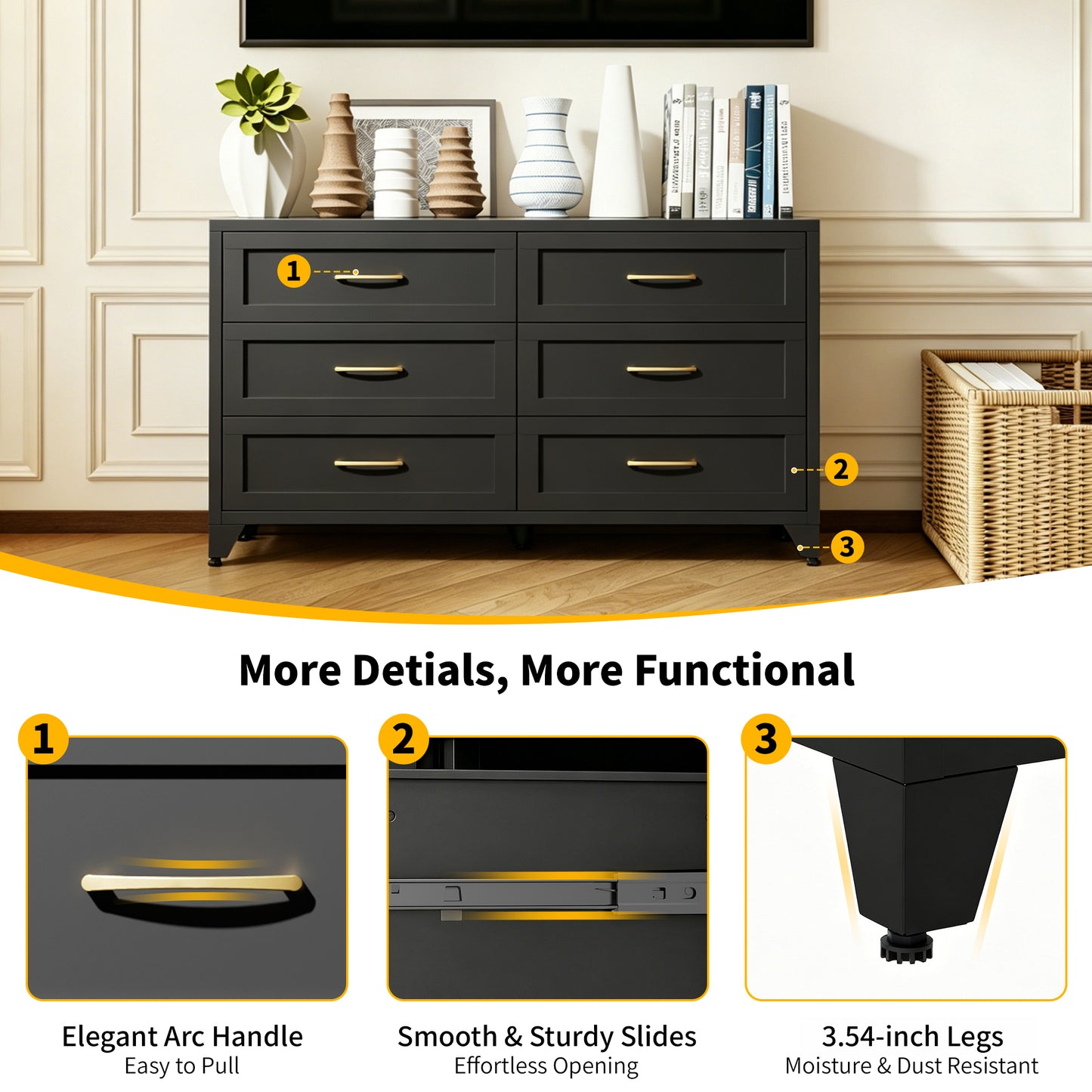 VIYET 6-Drawer Black Dresser for Bedroom, Low-Profile Chest of Drawers with Smooth-Glide Storage