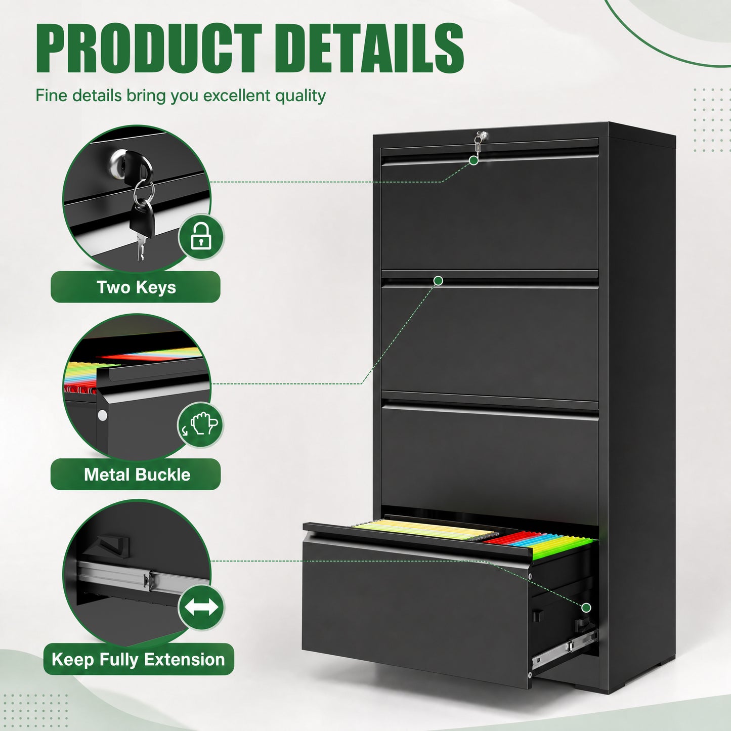 VIYET 4 Drawer Lateral File Cabinet with Lock, Metal Filing Cabinet for Home Office, Steel File Cabinet Fits Letter, Legal, A4 & F4 Hanging Files, Black