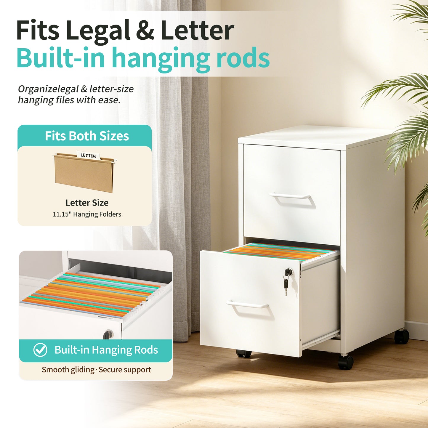 VIYET 25"H 2-Drawer Mobile Lockable File Cabinet with Wheels, Metal Under Desk Rolling Cabinet Fits Letter/Legal/A4