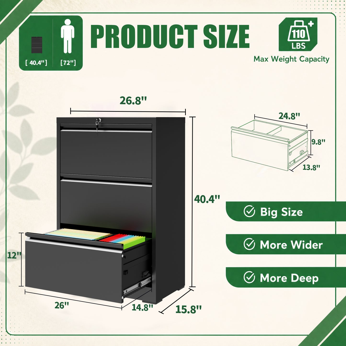 VIYET 3 Drawer Lateral File Cabinet with Lock, Metal Filing Cabinet for Home Office, Steel File Organizer Fits Letter, Legal, A4 & F4 Hanging Files
