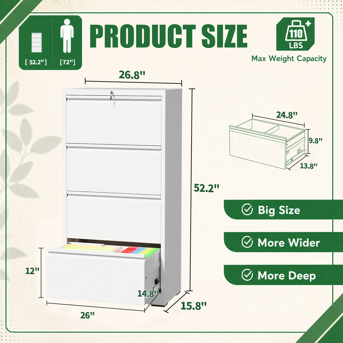 VIYET 4 Drawer Lateral File Cabinet, Metal Filing Cabinet with Lock, Wide Steel Office Storage for Letter, Legal, A4 & F4 Files