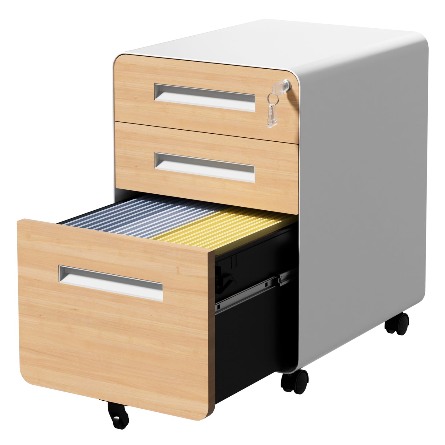 VIYET 3 Drawer Mobile File Cabinet with Lock, Wood Grain Metal Rolling Filing Cabinet on Wheels, Steel Office Storage Cabinet for Letter Legal Files