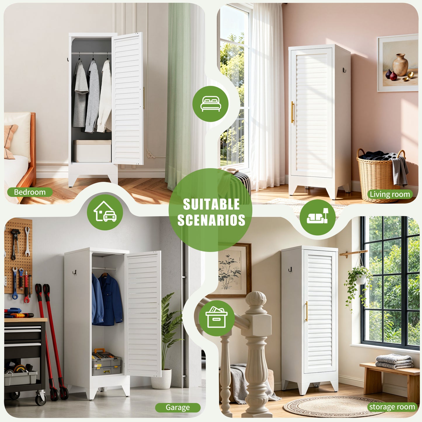 VIYET 47.2" Narrow Metal Wardrobe Closet, Slim Storage Cabinet with Louvered Door and Hanging Rail, Freestanding Clothes Organizer for Bedroom, Apartment, Dorm, White
