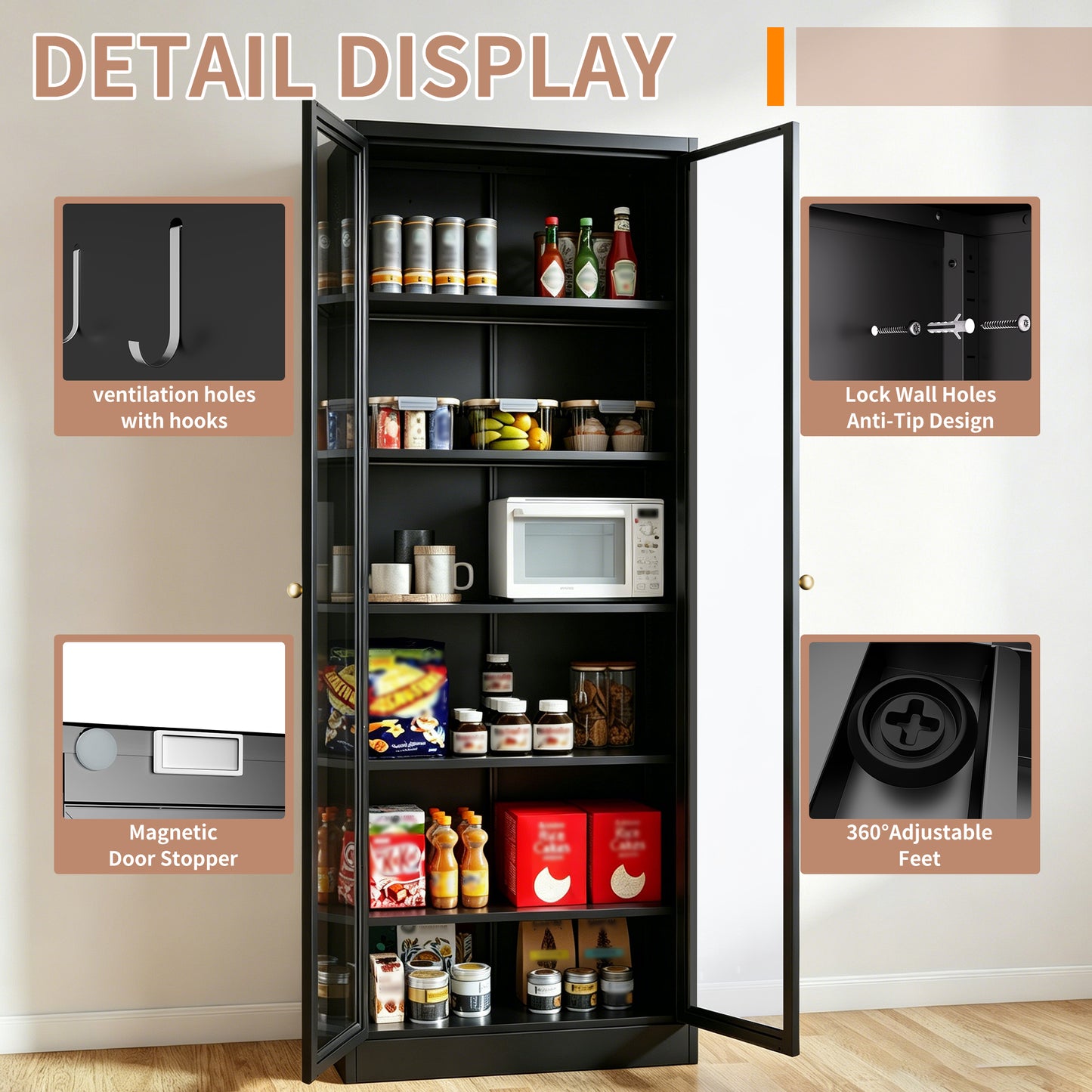 VIYET Metal Pantry Cabinet, 72" Tall Kitchen Storage Cabinet with Glass Doors and 5 Adjustable Shelves, Freestanding Steel Utility Cabinet for Kitchen, Bathroom, Pantry, Black