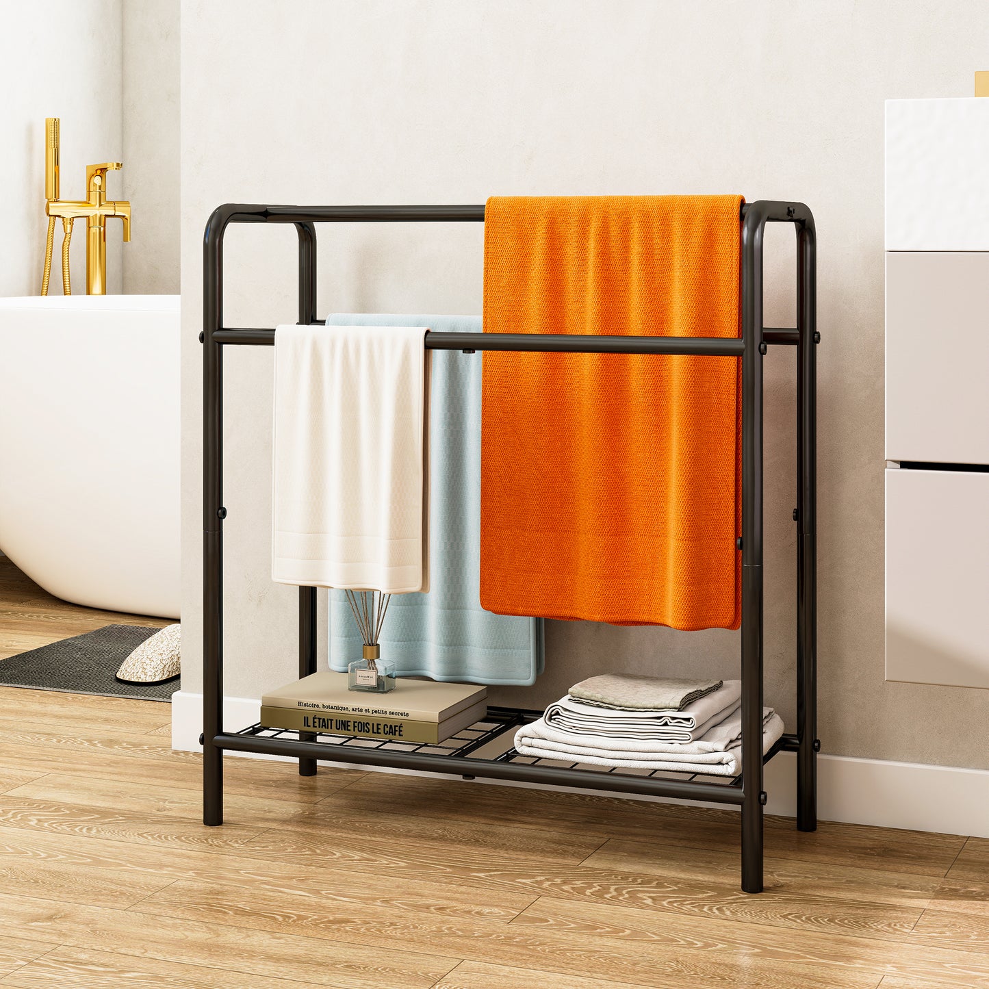 VIYET 30" 3-Tier Metal Towel Rack, Freestanding Black Storage Holder (Bathroom/Bedroom/Pool Display Organizer)