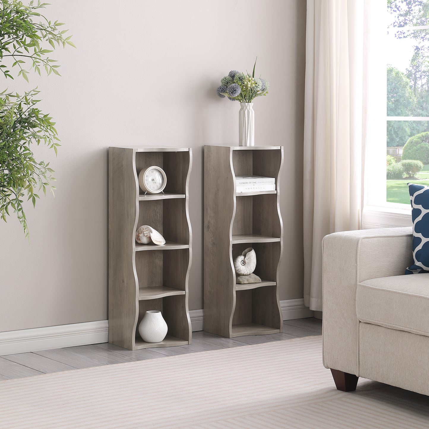 VIYET 71" 8-Tier Ultra-Thin Adjustable Bookshelf, Gray MDF Display Rack w/ Wavy Border (Detachable Home Office Organizer)